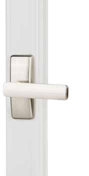 Satin silver AJ lever handle for an aluminum storm door