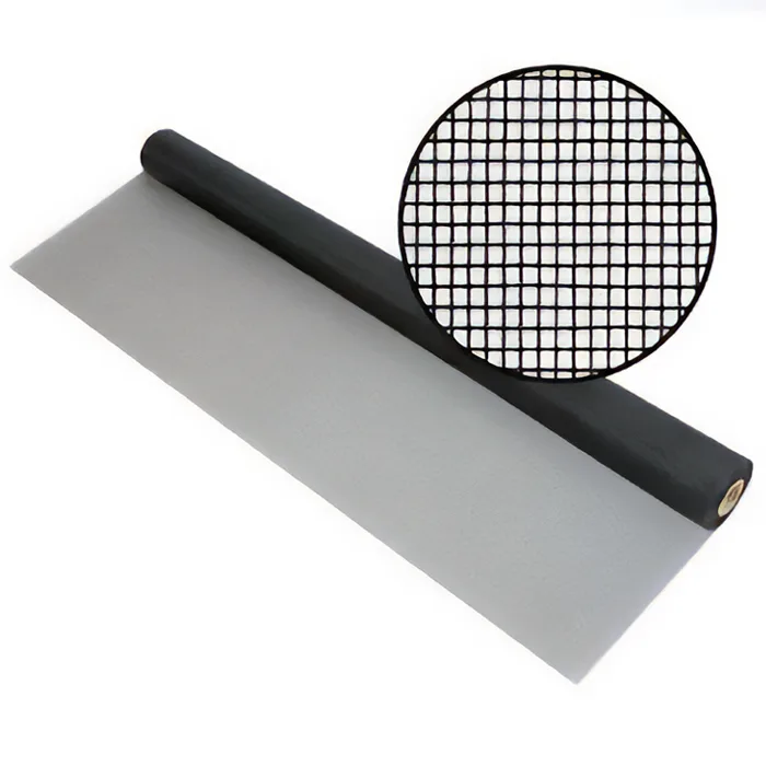Black fibreglass screen mesh close-up