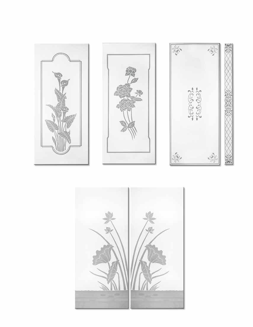 Decorative sandblasted storm door glass designs including Lily, Rose, Floral and Lotus