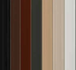 Storm door colour swatches including black, brown, iron ore, sandalwood, clay and white